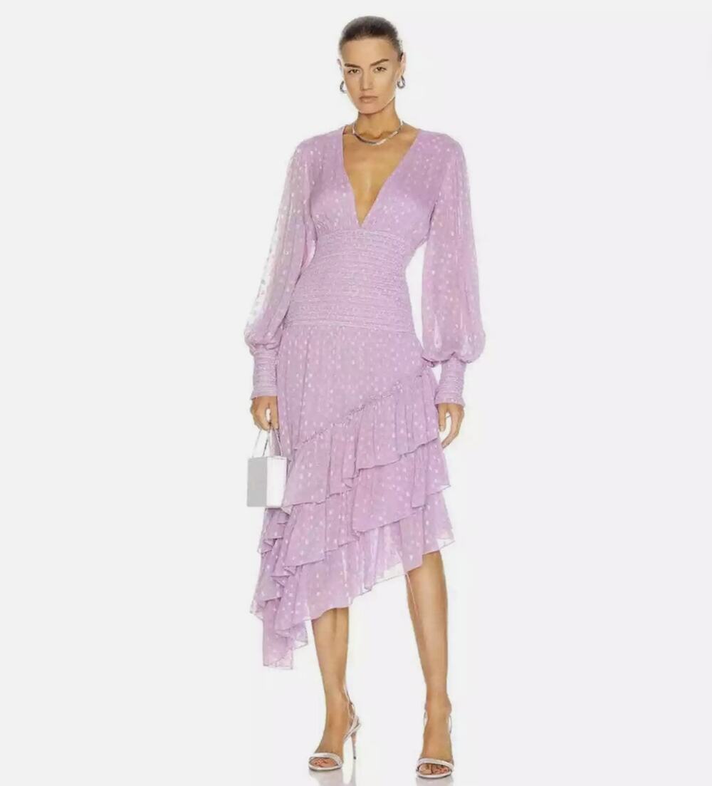Rococo Sand Nut Ruffle Midi Dress in Lilac Shimmer